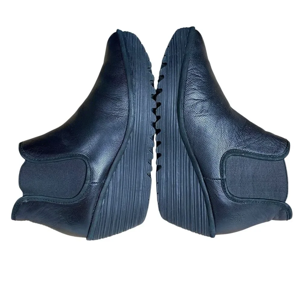 Fly London YAT Black Leather Chelsea Wedge Ankle Boots EU 39 US 8
